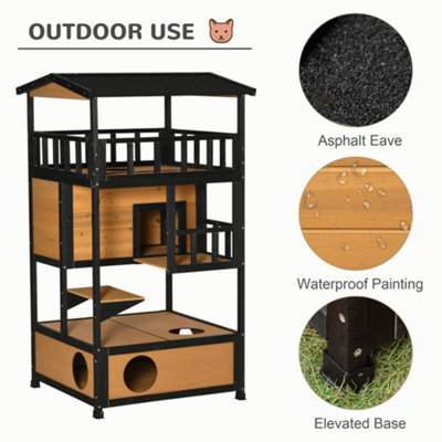 PawHut Wooden Outdoor Cat House 3-Tier Kitten Shelter w/ Tilted Roof Yellow - 4