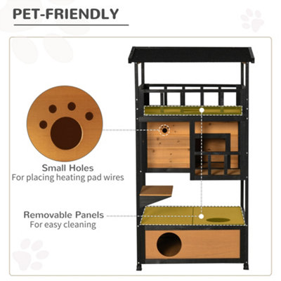 PawHut Wooden Outdoor Cat House 3-Tier Kitten Shelter w/ Tilted Roof Yellow - 5