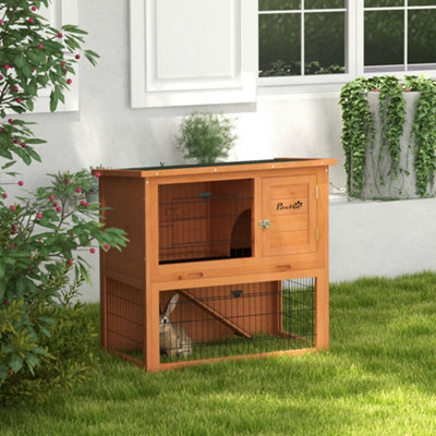 PawHut Wooden Rabbit Hutch, 80cm Antiseptic Outdoor, for 1-2 Rabbits - Orange