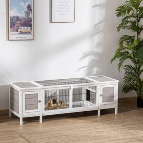 PawHut Wooden Rabbit Hutch Guinea Pig Cage Separable Bunny Run Small Bunny House w/ Slide Out Tray, 161 x 50.5 x 53.3cm - Grey
