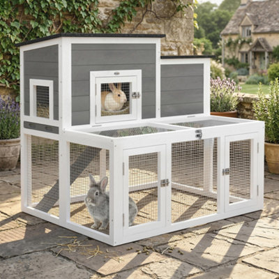 PawHut Wooden Rabbit Hutch, Outdoor Bunny Cage with Waterproof Roof