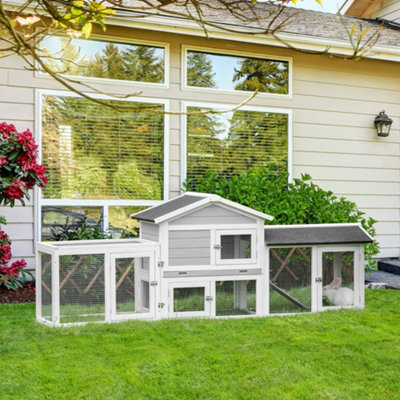 PawHut Wooden Rabbit Hutch Outdoor Large Guinea Pig Hutch Bunny Run Cage Pull Out Tray Small Animal House for Outdoor Grey