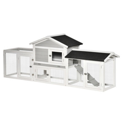 PawHut Wooden Rabbit Hutch Outdoor Large Guinea Pig Hutch Bunny Run Cage Pull Out Tray Small Animal House for Outdoor Grey