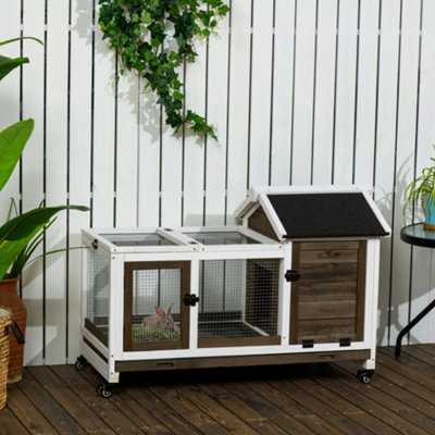 PawHut Wooden Rabbit Hutch Small Animal House w Wheels Removable Tray
