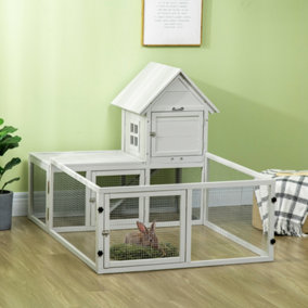 PawHut Wooden Rabbit Hutch with Run Large Guinea Pig Cage, Small Animal House for Indoor with Tray, 151.5 x 106 x 97cm, Light Grey