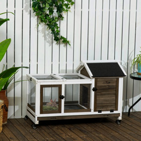 PawHut Wooden Rabbit Hutch with Wheels, Guinea Pig Cage, Small Animal House for Outdoor & Indoor with Slide-out Trays