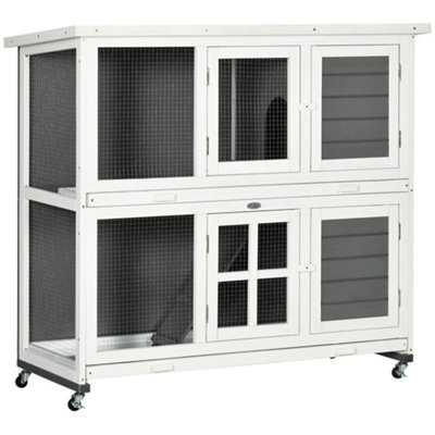 PawHut Wooden Rabbit Hutch with Wheels, Guinea Pig Cage, Small Animal House for Outdoor & Indoor with Slide-out Trays