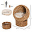 PawHut Woven Banana Leaf Elevated Cat Bed Wicker Kitten Basket Pet Den. House Cozy Cave with Soft Cushion Dome 42x33x52cm Brown
