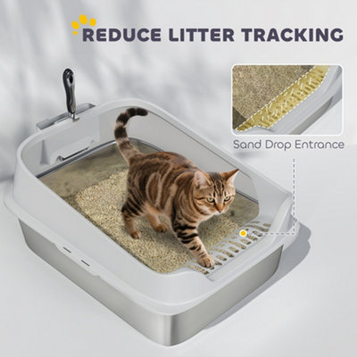 PawHut Kattenbak RVS Open Kattenbak Met Schep Hoge Rand Voor Grote Katten Tot 7 Kg 60 2 X 40 2 X 29 7 Cm Grijs~23qln4tnhp001