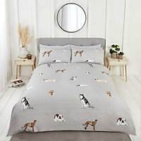 Paws and Tails Reversible Duvet Cover Set Dogs and Stripes Bedding Grey