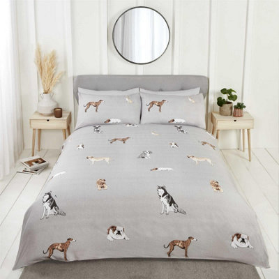 Paws and Tails Reversible Duvet Cover Set Dogs and Stripes Bedding Grey