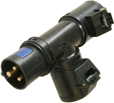 PCE - 16A, 230V, CEE T Connect Splitter, 2P+E, Black, IP44 - 1 Plug 2 Sockets