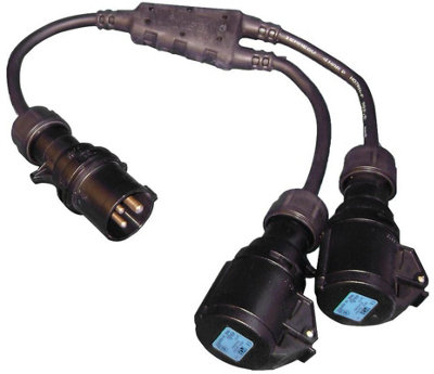 PCE - 16A, 230V, CEE Y Splitter 0.25m, Black, IP44 - Plug to 2x Sockets