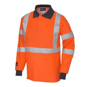 PDL - Pegdev - Progarm Mens Long Sleeve FR ARC HiVis Polo Shirt, Flame Resistant, and Stylish for Industrial Safety (M) Orange