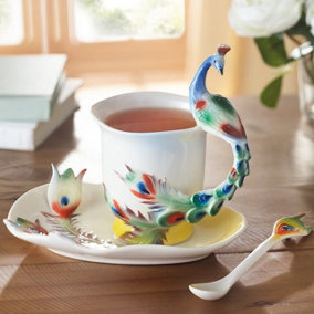 Peacock Cup, Saucer & Spoon Set - Dishwasher Safe Handcrafted Porcelain Bird Design Tea or Coffee Mug with Decorative Handle