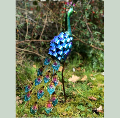 Peacock garden ornament, bright shiny colourful painted metal with glossy finish, height 49cm