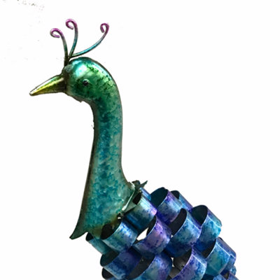 Peacock garden ornament, bright shiny colourful painted metal with glossy finish, height 49cm