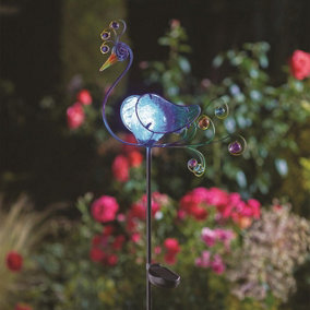 Peacock Solar Powered Stake Light - Hand Painted Glass & Metal Garden Decoration with LED Crackle Ball - H93 x W32 x D10cm