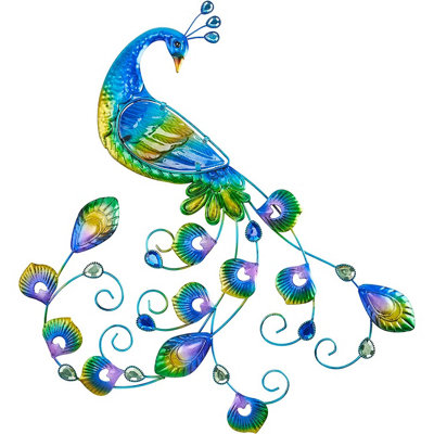 Peacock Wall Decor Colourful Metal & Hand Painted Glass Indoor or Outdoor Home Garden Ornament
