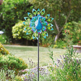 Peacock Wind Spinner with Solar Powered Crackle Glass Globe - Outdoor Decoration with Multicoloured LED Lights - H130 x 38cm