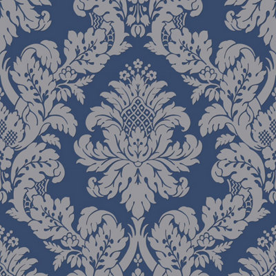 Pear Tree Damask Wallpaper Metallic Glitter Textured Navy Silver Grey Vinyl