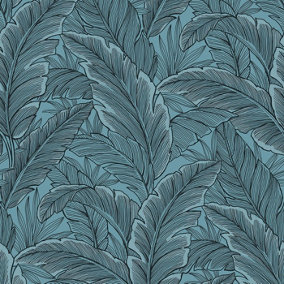 Pear Tree Tropical Palm Leaf Wallpaper Glitter Textured Vinyl Blue Steel