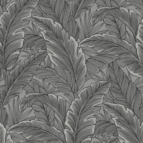 Pear Tree Tropical Palm Leaf Wallpaper Glitter Textured Vinyl Grey Black