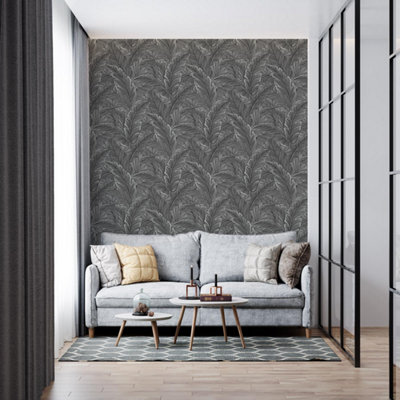 Pear Tree Tropical Palm Leaf Wallpaper Glitter Textured Vinyl Grey Black