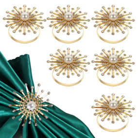 Pearl & Diamante Studded Napkin Holder Rings Serviettes Buckles, Gold, 12pcs