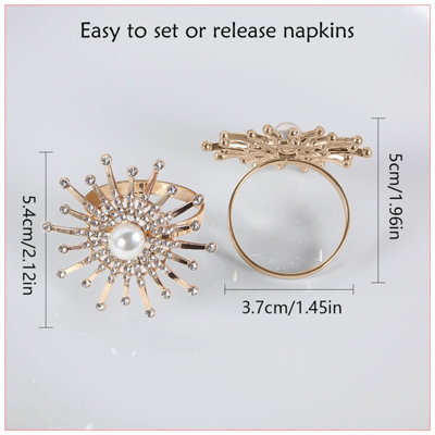 Pearl & Diamante Studded Napkin Holder Rings Serviettes Buckles, Gold, 18pcs