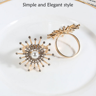 Pearl & Diamante Studded Napkin Holder Rings Serviettes Buckles, Gold, 4pcs