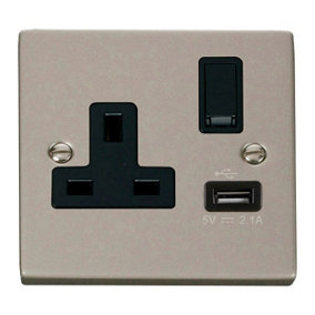 Pearl Nickel 1 Gang 13A DP 1 USB Switched Plug Socket - Black Trim - SE Home