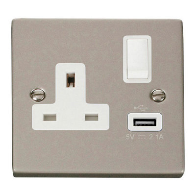 Pearl Nickel 1 Gang 13A DP 1 USB Switched Plug Socket - White Trim - SE ...