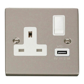 Pearl Nickel 1 Gang 13A DP 1 USB Switched Plug Socket - White Trim - SE Home