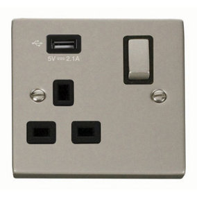 Pearl Nickel 1 Gang 13A DP Ingot 1 USB Switched Plug Socket - Black Trim - SE Home