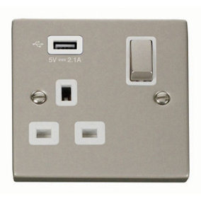 Pearl Nickel 1 Gang 13A DP Ingot 1 USB Switched Plug Socket - White Trim - SE Home