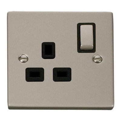 Pearl Nickel 1 Gang 13A DP Ingot Switched Plug Socket - Black Trim - SE Home