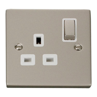 Pearl Nickel 1 Gang 13A DP Ingot Switched Plug Socket - White Trim - SE Home