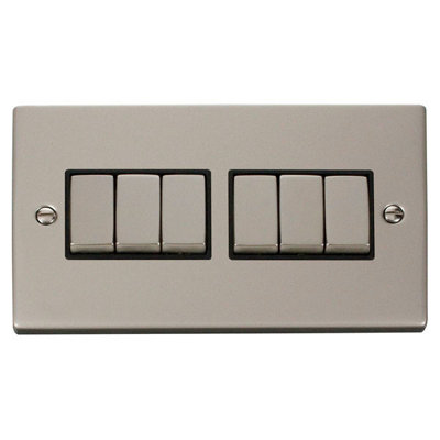 Pearl Nickel 10A 6 Gang 2 Way Ingot Light Switch - Black Trim - SE Home