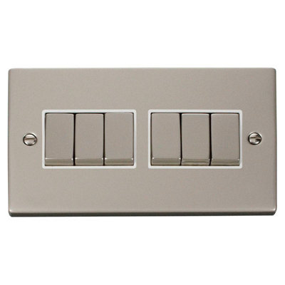 Pearl Nickel 10A 6 Gang 2 Way Ingot Light Switch - White Trim - SE Home