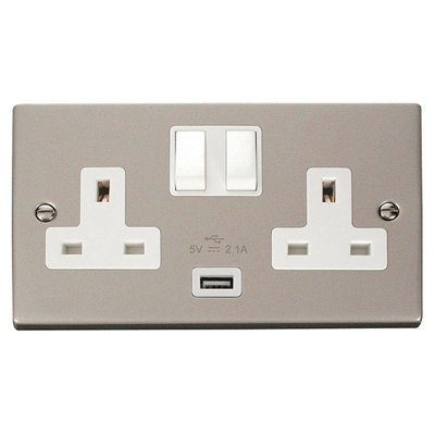 Pearl Nickel 2 Gang 13A 1 USB Twin Double Switched Plug Socket - White Trim - SE Home