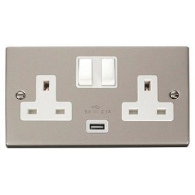 Pearl Nickel 2 Gang 13A 1 USB Twin Double Switched Plug Socket - White Trim - SE Home