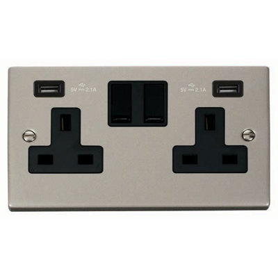 Pearl Nickel 2 Gang 13A 2 USB Twin Double Switched Plug Socket - Black ...