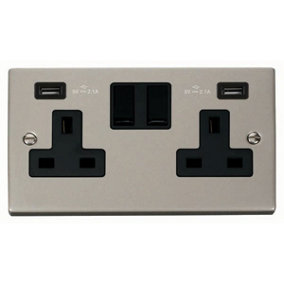 Pearl Nickel 2 Gang 13A 2 USB Twin Double Switched Plug Socket - Black Trim - SE Home