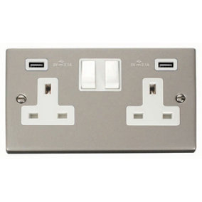 Pearl Nickel 2 Gang 13A 2 USB Twin Double Switched Plug Socket - White Trim - SE Home