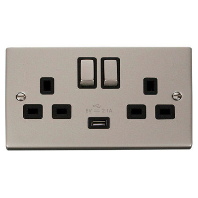 Pearl Nickel 2 Gang 13A DP Ingot 1 USB Twin Double Switched Plug Socket - Black Trim - SE Home