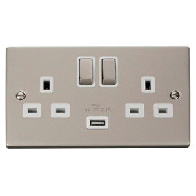 Pearl Nickel 2 Gang 13A DP Ingot 1 USB Twin Double Switched Plug Socket - White Trim - SE Home
