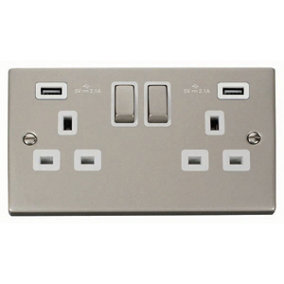 Pearl Nickel 2 Gang 13A DP Ingot 2 USB Twin Double Switched Plug Socket - White Trim - SE Home