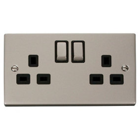 Pearl Nickel 2 Gang 13A DP Ingot Twin Double Switched Plug Socket - Black Trim - SE Home