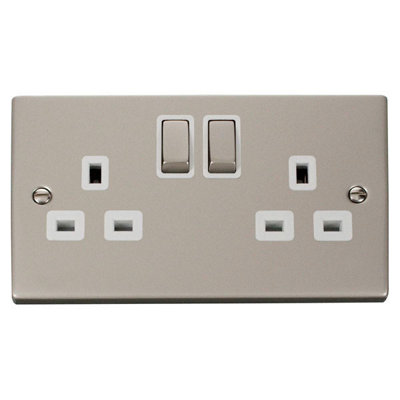 Pearl Nickel 2 Gang 13A DP Ingot Twin Double Switched Plug Socket - White Trim - SE Home